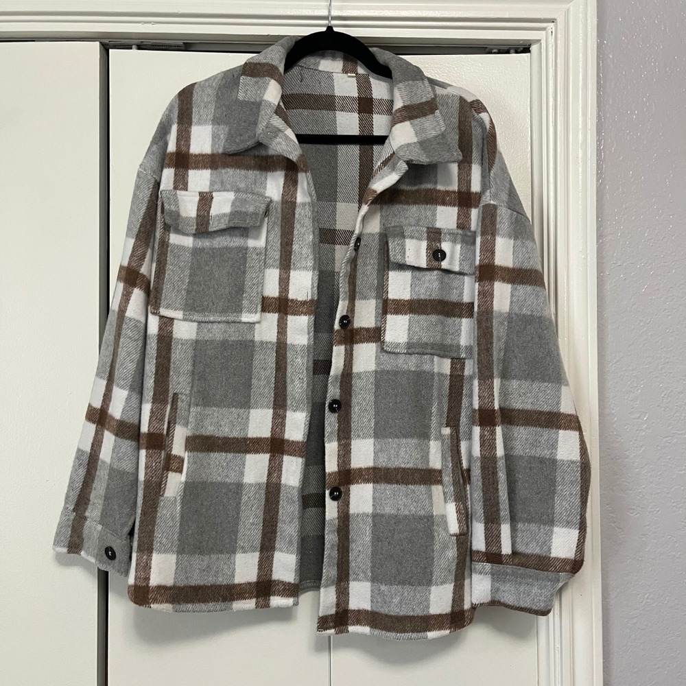 Women's Gray Plaid‎ Shacket Oversized Flannel Jacket Shirt Large